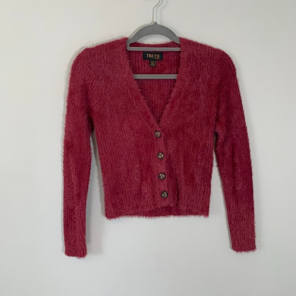 Truth by Republic Womens Berry Pink Fuzzy Eyelash Knit Cropped Cardigan‎ Medium